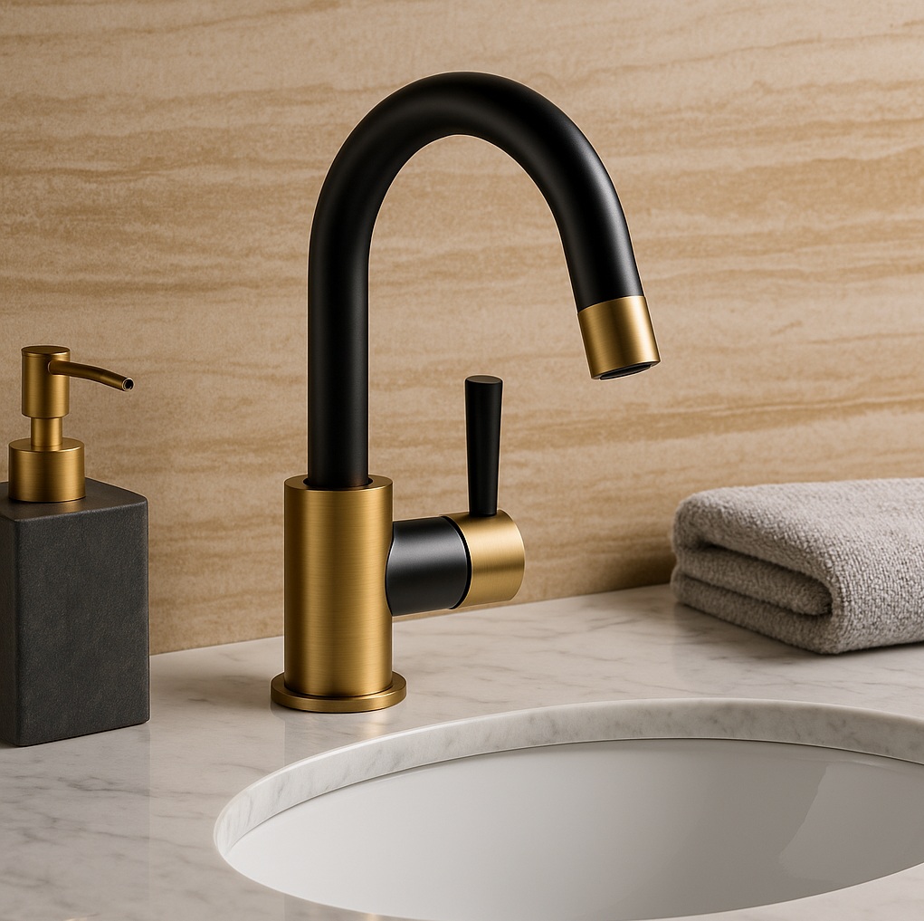 Bathroom vanity with matte black and brushed gold two-tone faucet by FontanaShowers